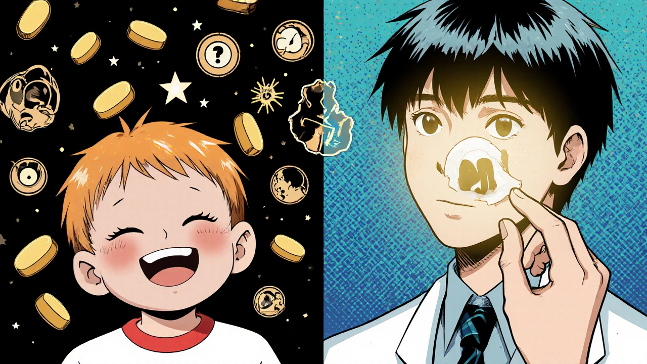 A child and teenager receiving different antibiotics in a stylized 90s anime scene with medical symbols.