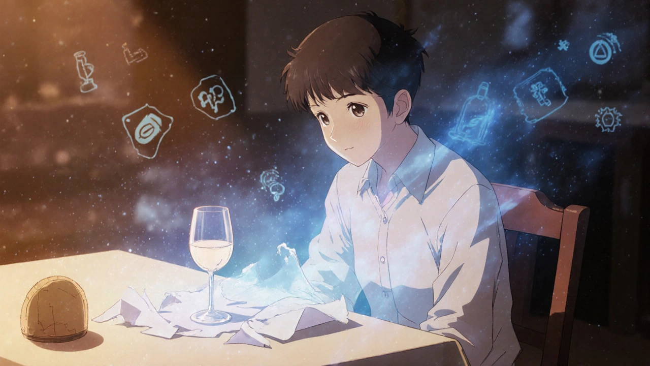 A patient with a wine glass as their stomach&#039;s protective coating peels away in ghostly fragments.