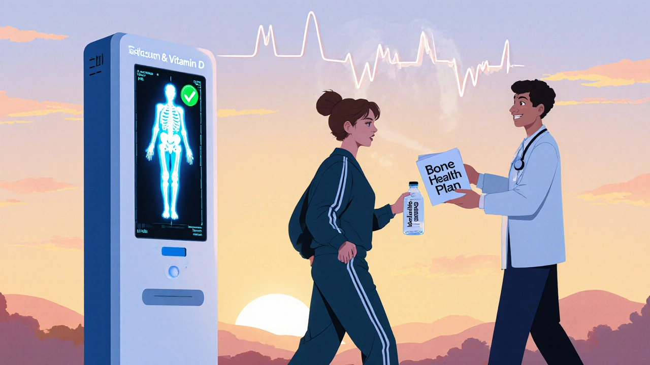 Active woman walking past a DXA scanner with a doctor, emphasizing bone health in retro anime.