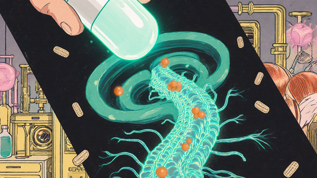 Animated view of a Tizanidine pill affecting spinal cord receptors and relaxing muscles.