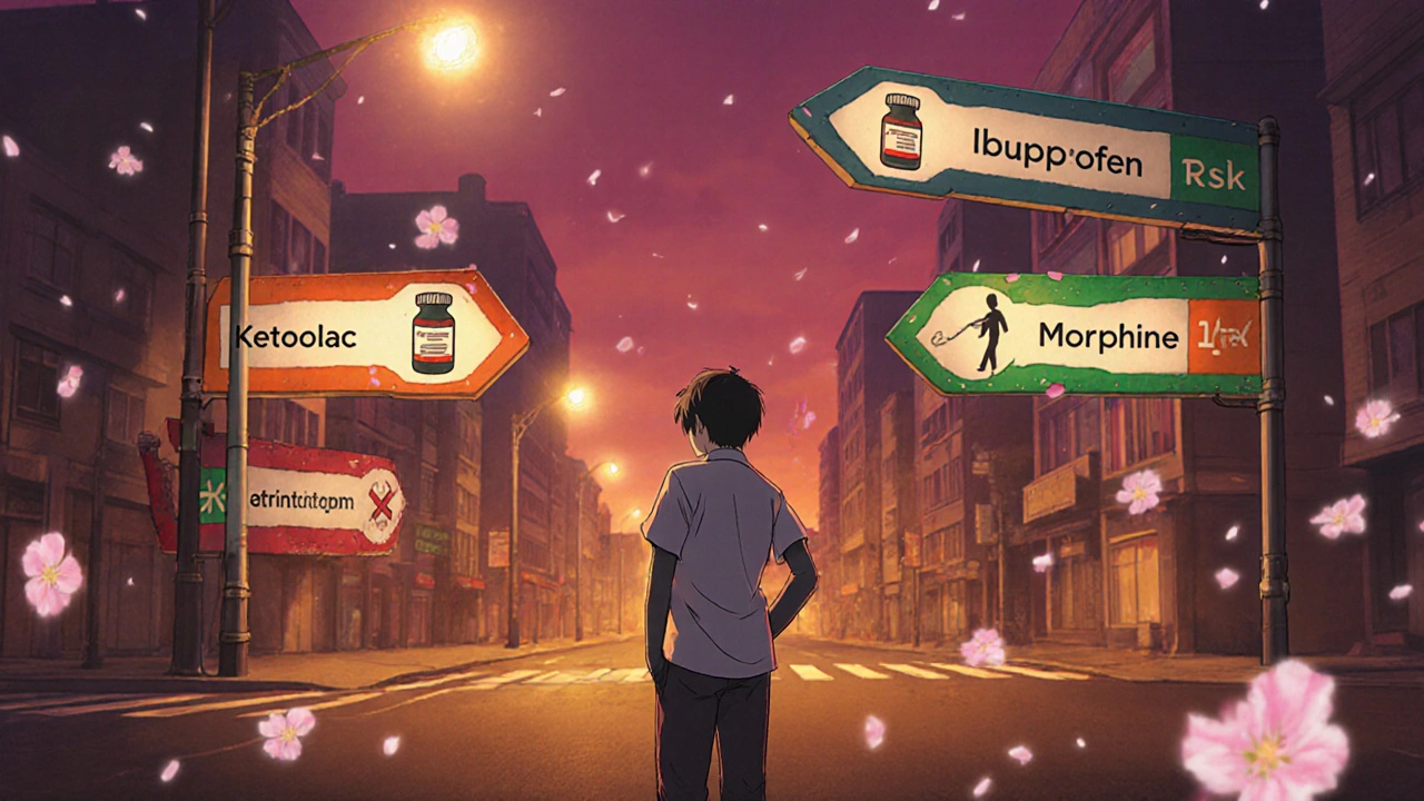 Anime character at a crossroads choosing between different pain medication signs.