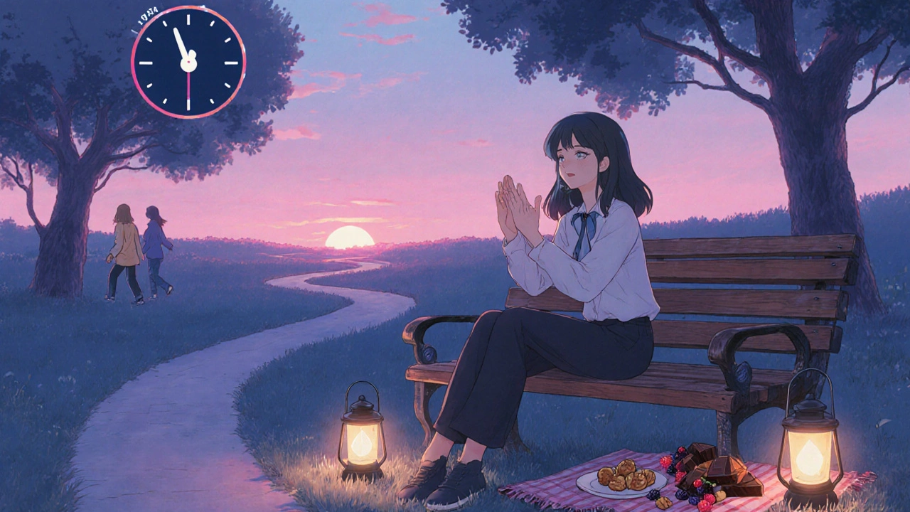 Anime character practices breathing, walks in a park at dusk, and enjoys stress‑busting snacks.