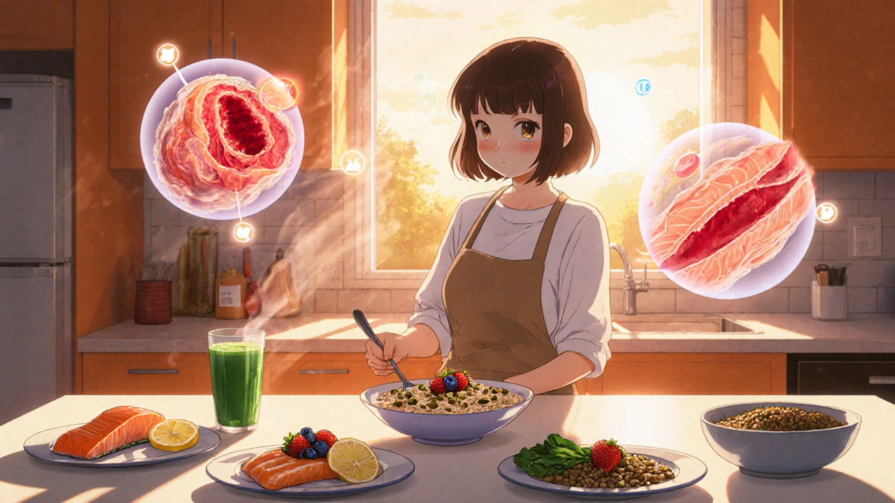 Anime girl prepares iron‑rich breakfast with oatmeal, pumpkin seeds, and lemon juice in a sunny kitchen.