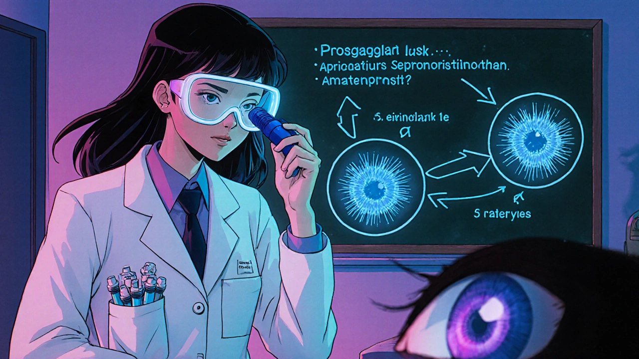 Anime lab scene with researcher examining eyelash follicles and prostaglandin diagram.
