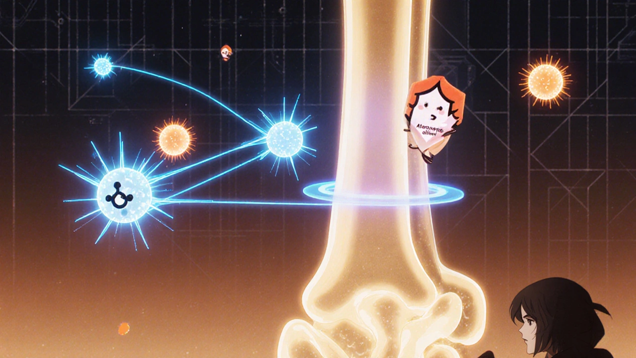 Anime view of bone cells with Atenolol molecules blocking nerve signals, showing osteoclasts and osteoblasts.