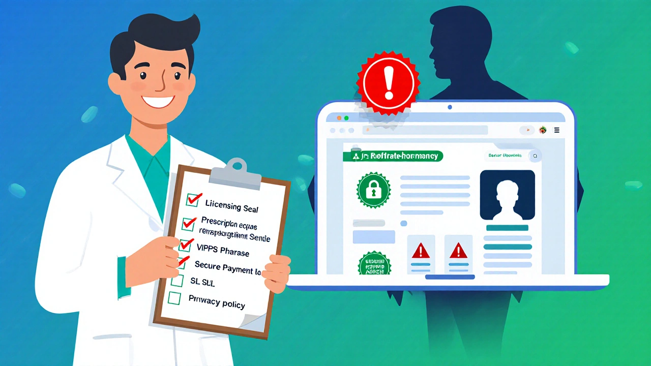 Checklist illustration showing steps to verify a legitimate online pharmacy.