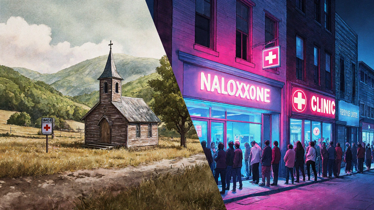 Contrast of a remote rural clinic with a crowded urban treatment center side by side.