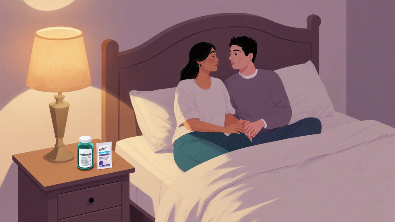 Couple sitting on bed, holding hands, bedside medication and probiotics, warm light conveys supportive talk.