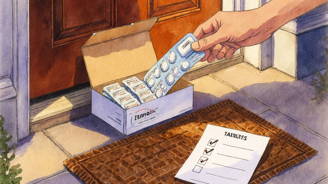 Courier box on a doorstep with opened blister packs of generic Zovirax.