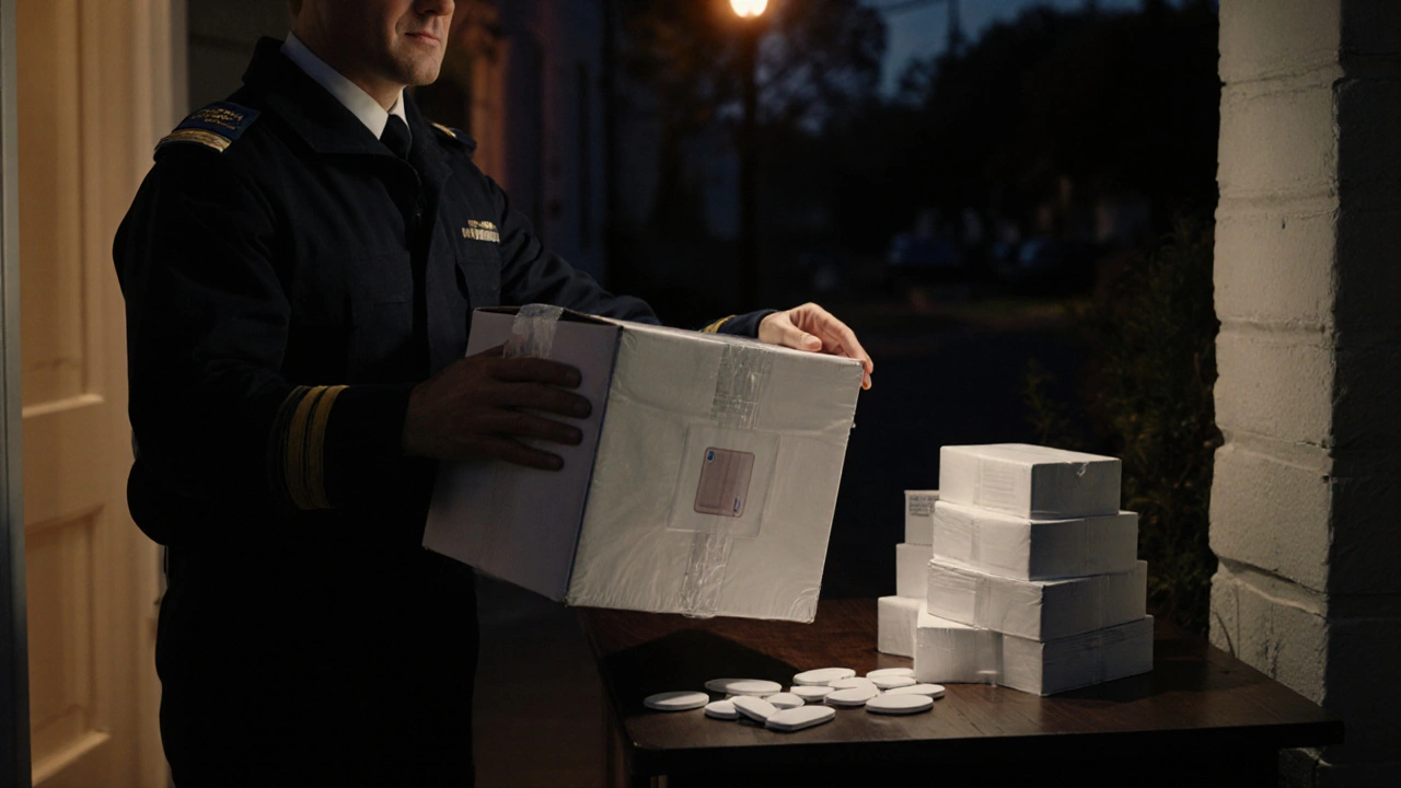 Courier delivers sealed box; recipient checks tablets on a wooden table.