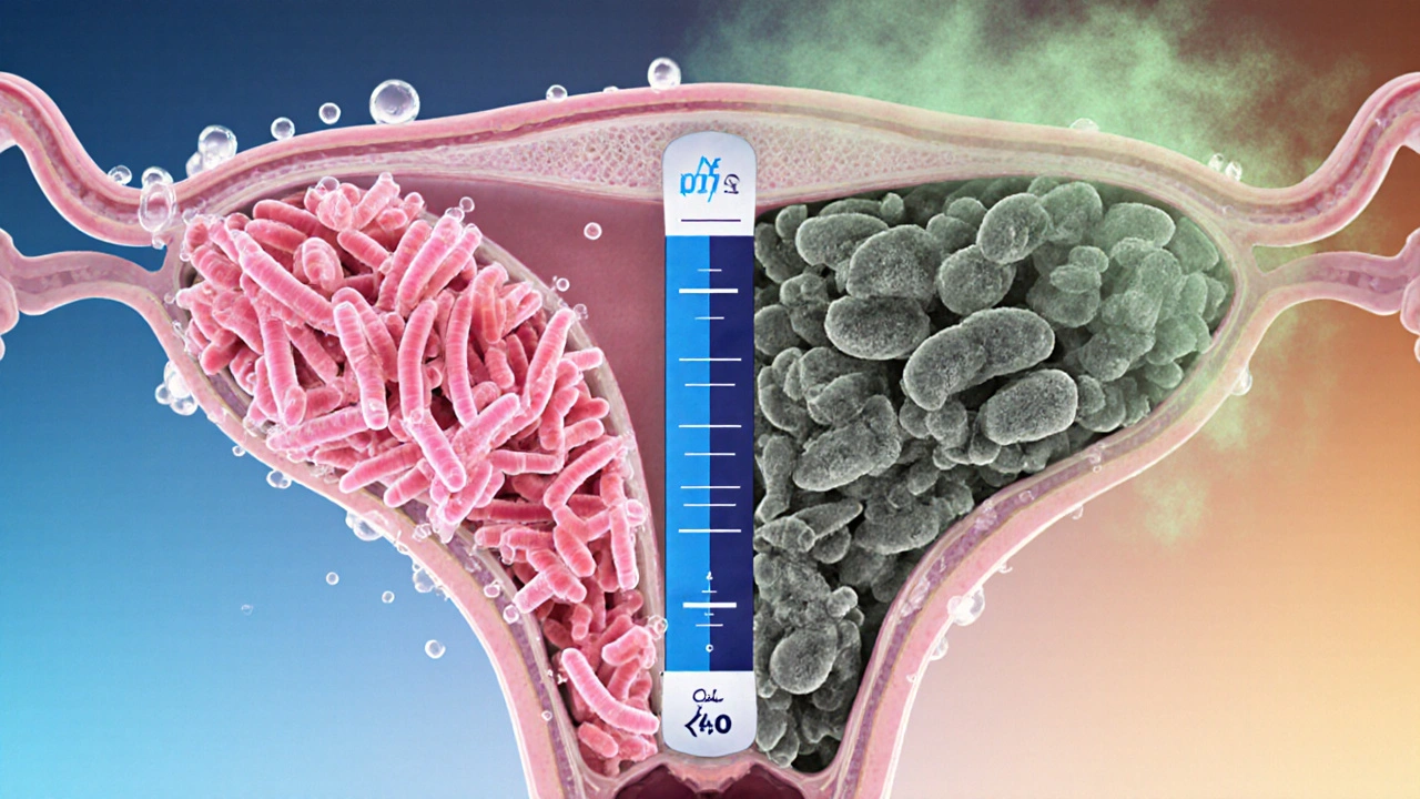 Cross‑section of vagina with pink lactobacilli vs gray‑green anaerobes, pH scale shifting upward, fog indicating odor.