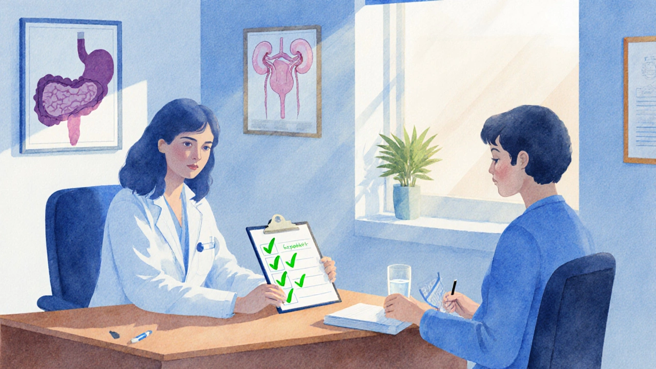 Doctor and patient in a watercolor office reviewing a safety checklist with subtle organ symbols.