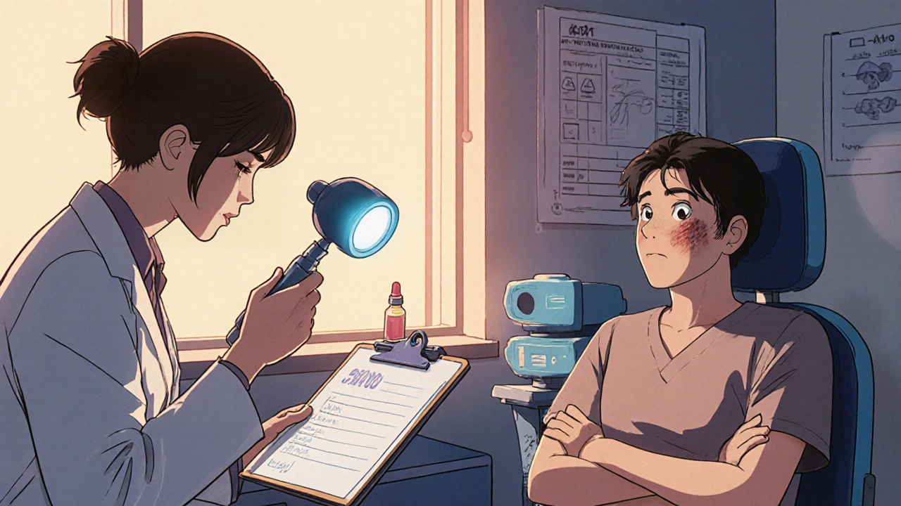 Doctor and rheumatologist reviewing lab results while examining a patient's skin lesions in a clinic.