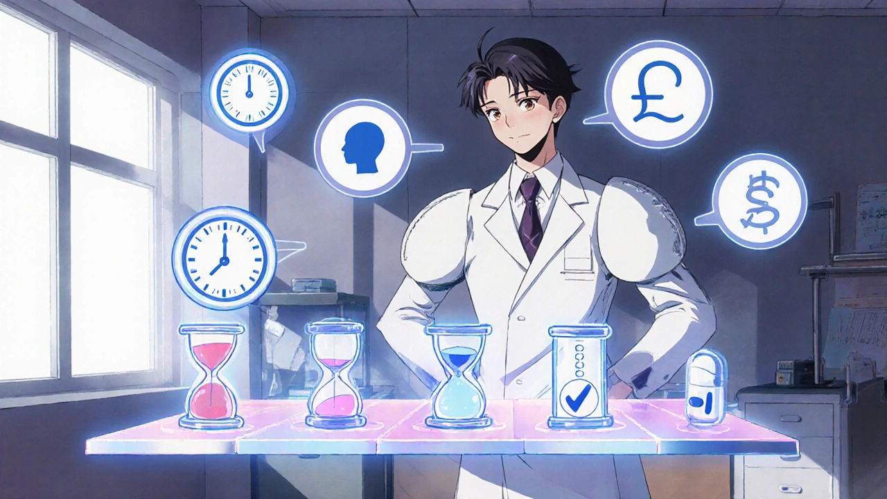 Doctor character presenting floating icons comparing six ED medications.