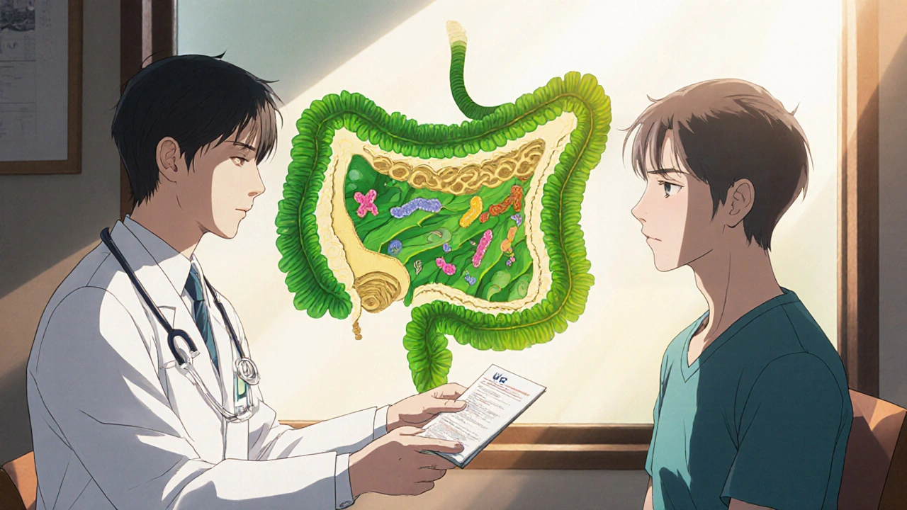 Doctor gives prescription to patient who appears revitalized, with a bright gut illustration behind, in retro anime style.