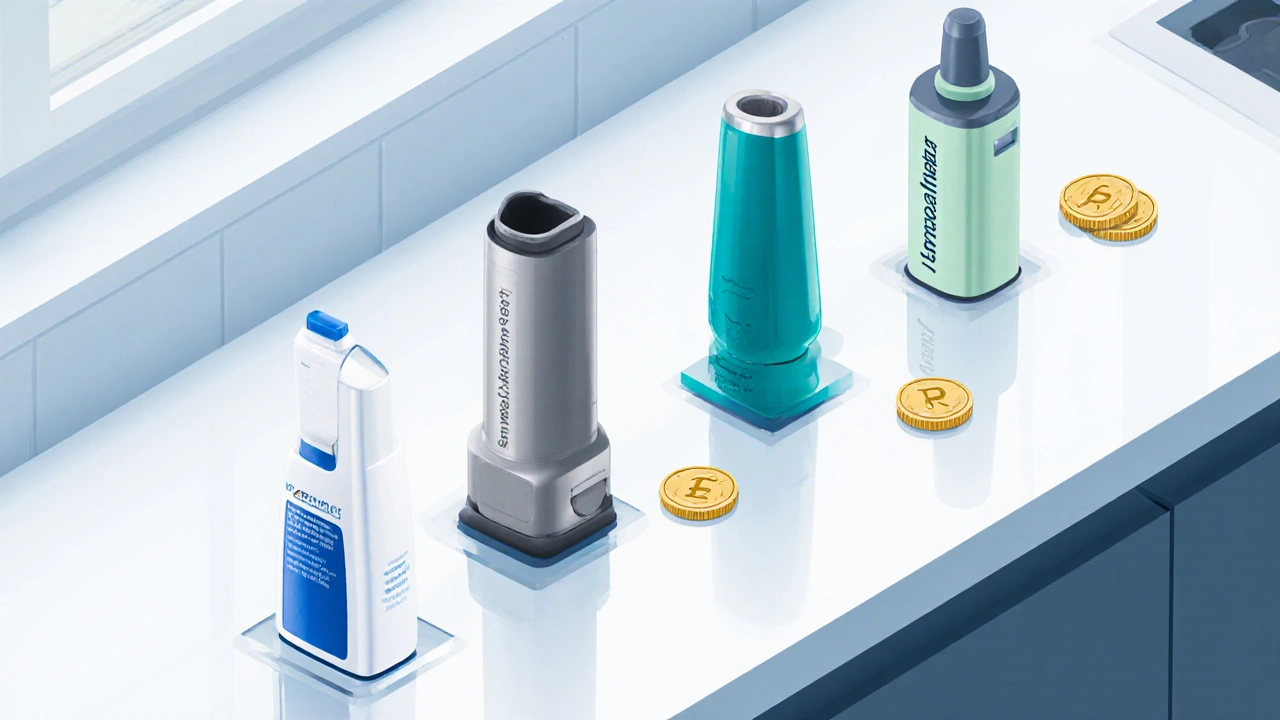 Five different inhalers displayed side by side on a countertop.