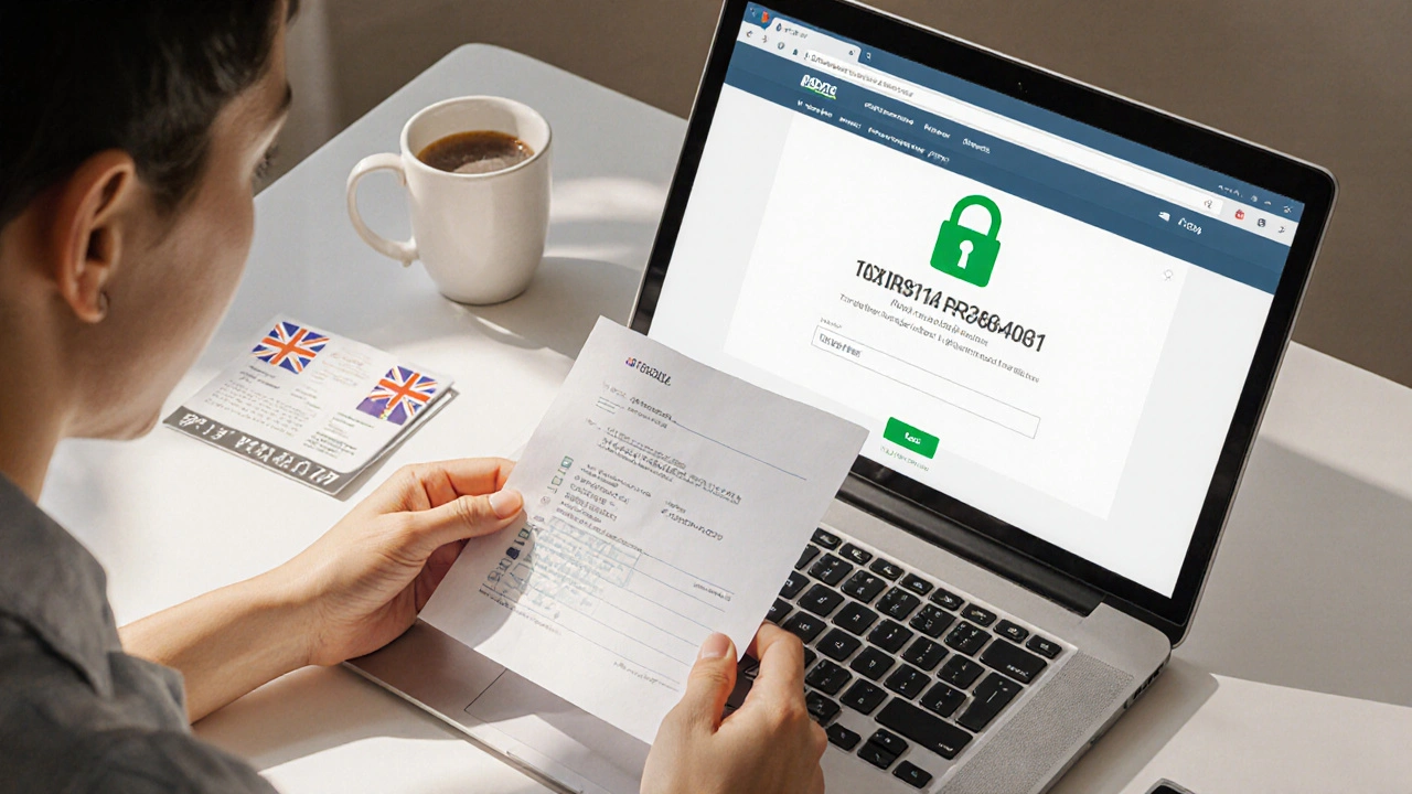 Hands holding a prescription next to a laptop showing a secure pharmacy site.