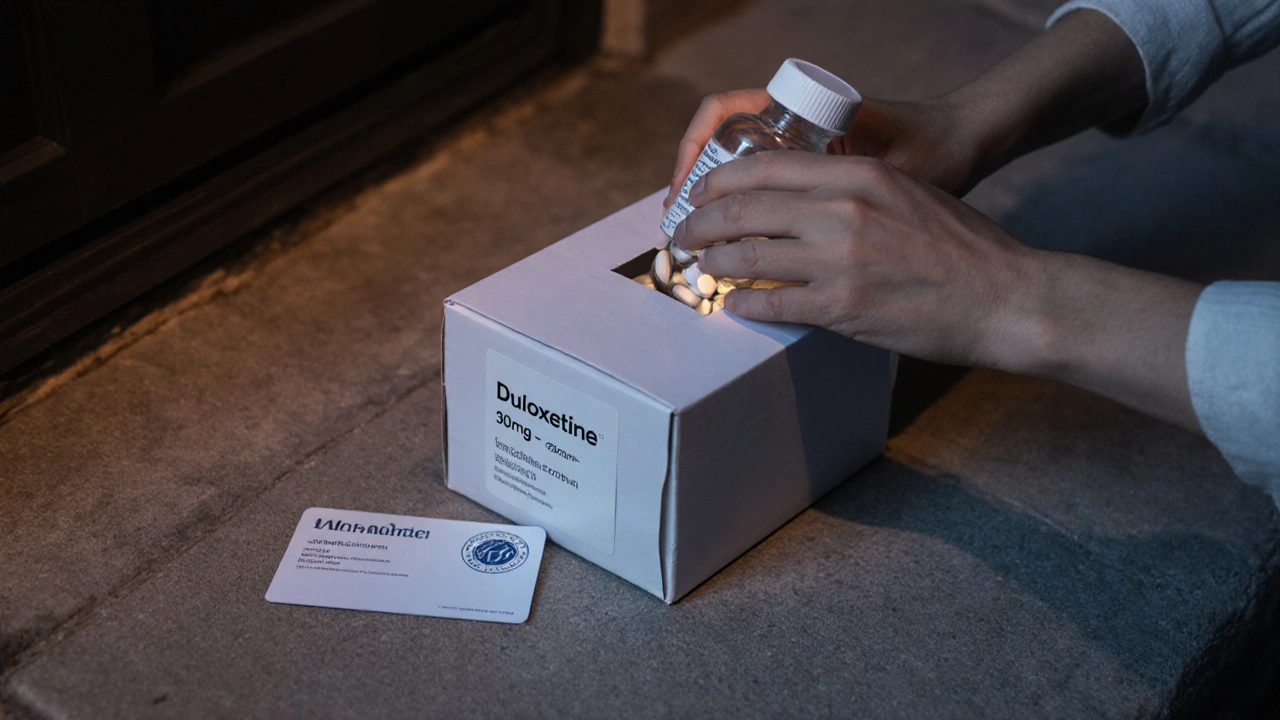 Hands opening a delivery box revealing a generic duloxetine prescription bottle.