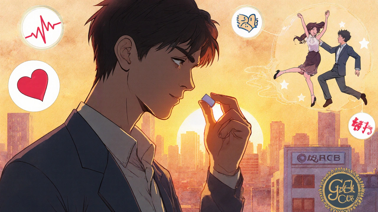 Man taking daily Forzest at sunrise with energetic transformation in retro anime style