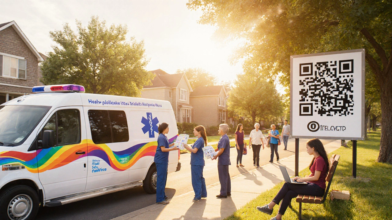 Mobile health van delivering medication-assisted treatment and telehealth support to a hopeful community.