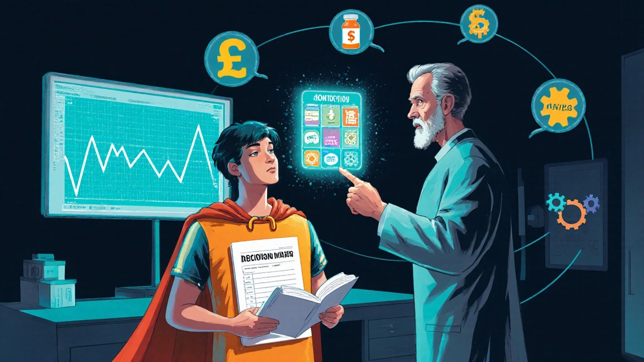 Patient hero and mentor doctor reviewing a holographic ECG and decision icons in a clinic.