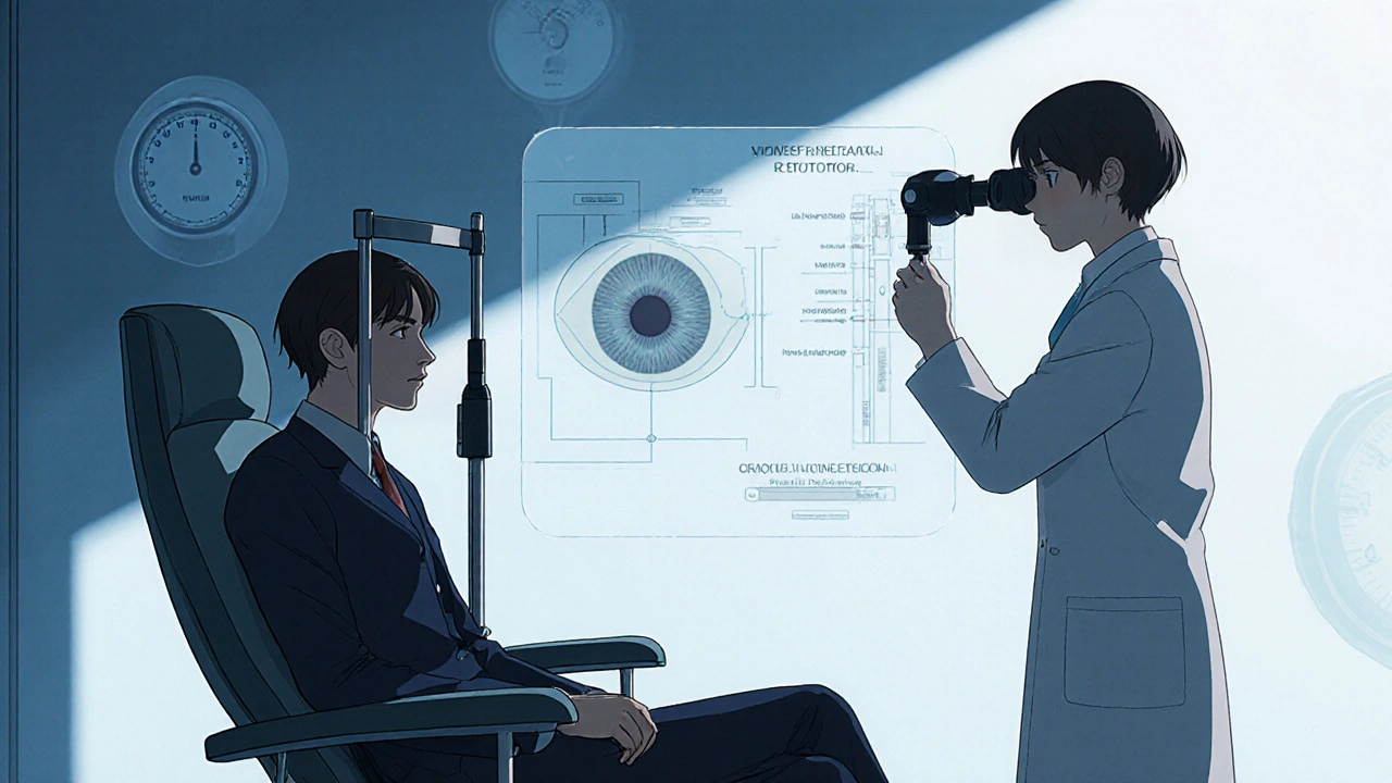 Patient undergoing an eye exam with a retinal camera, doctor adjusting equipment.