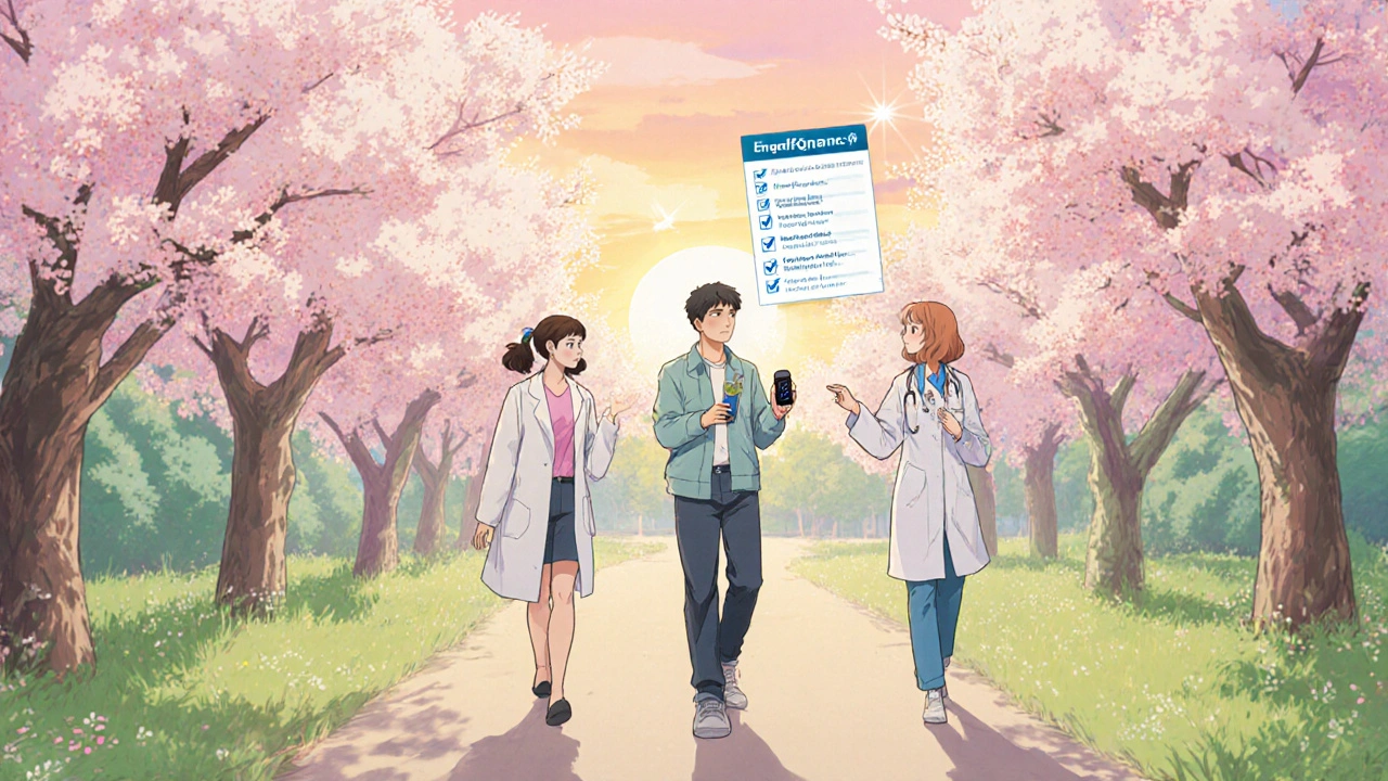 Patient walking with two doctors in a park, cherry blossoms surrounding them.