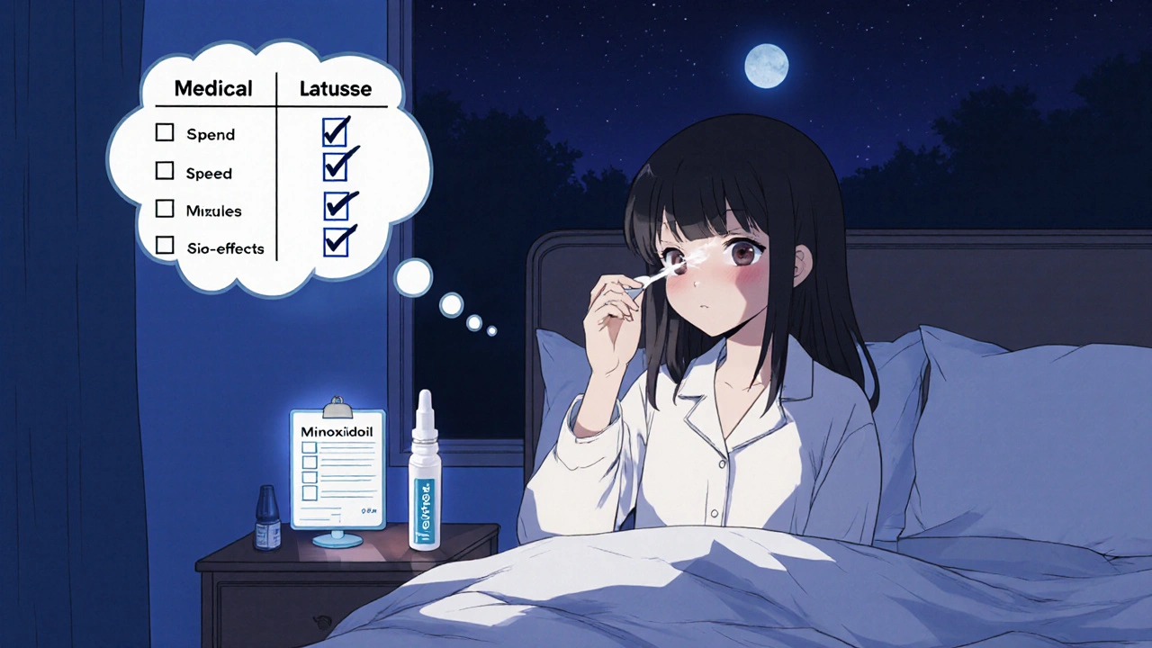 Person applying Latisse at night beside a checklist of safety tips in a cozy bedroom.