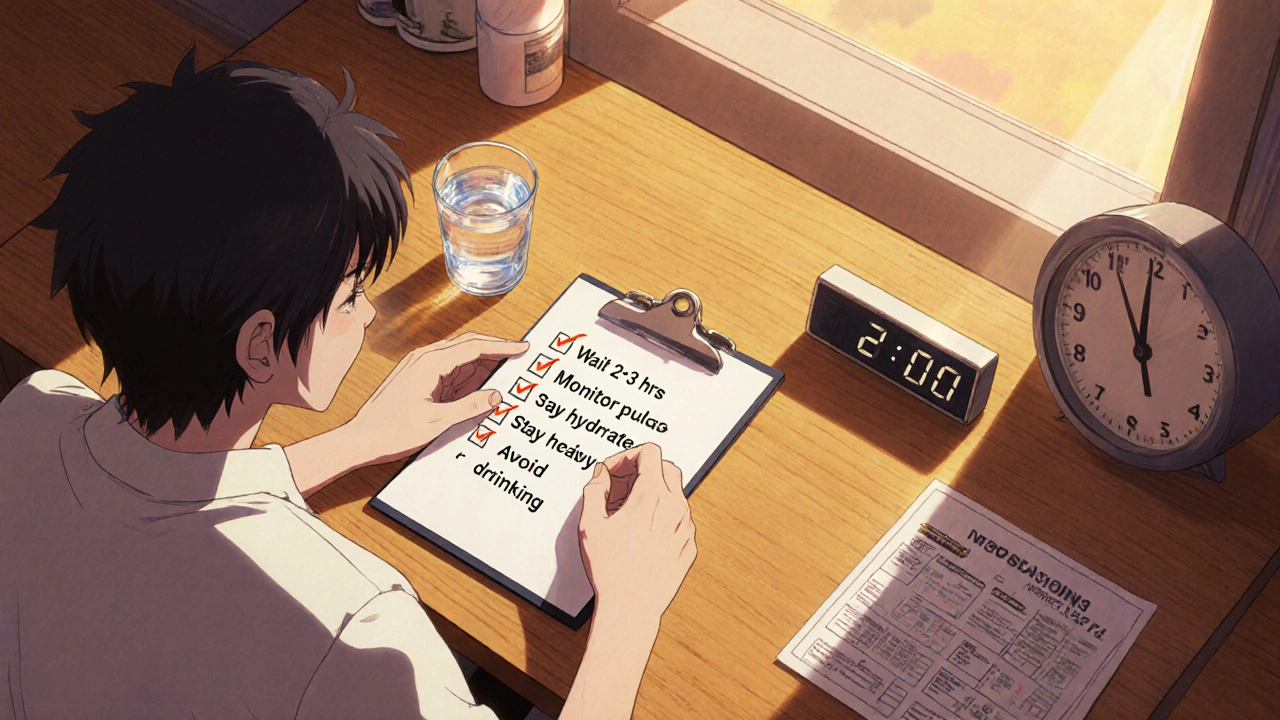 Person checks a safety checklist with water glass and clock on a kitchen table.