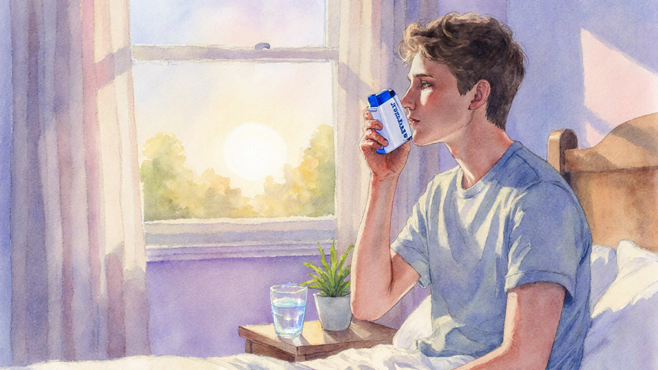 Person using a DPI inhaler correctly beside a glass of water.