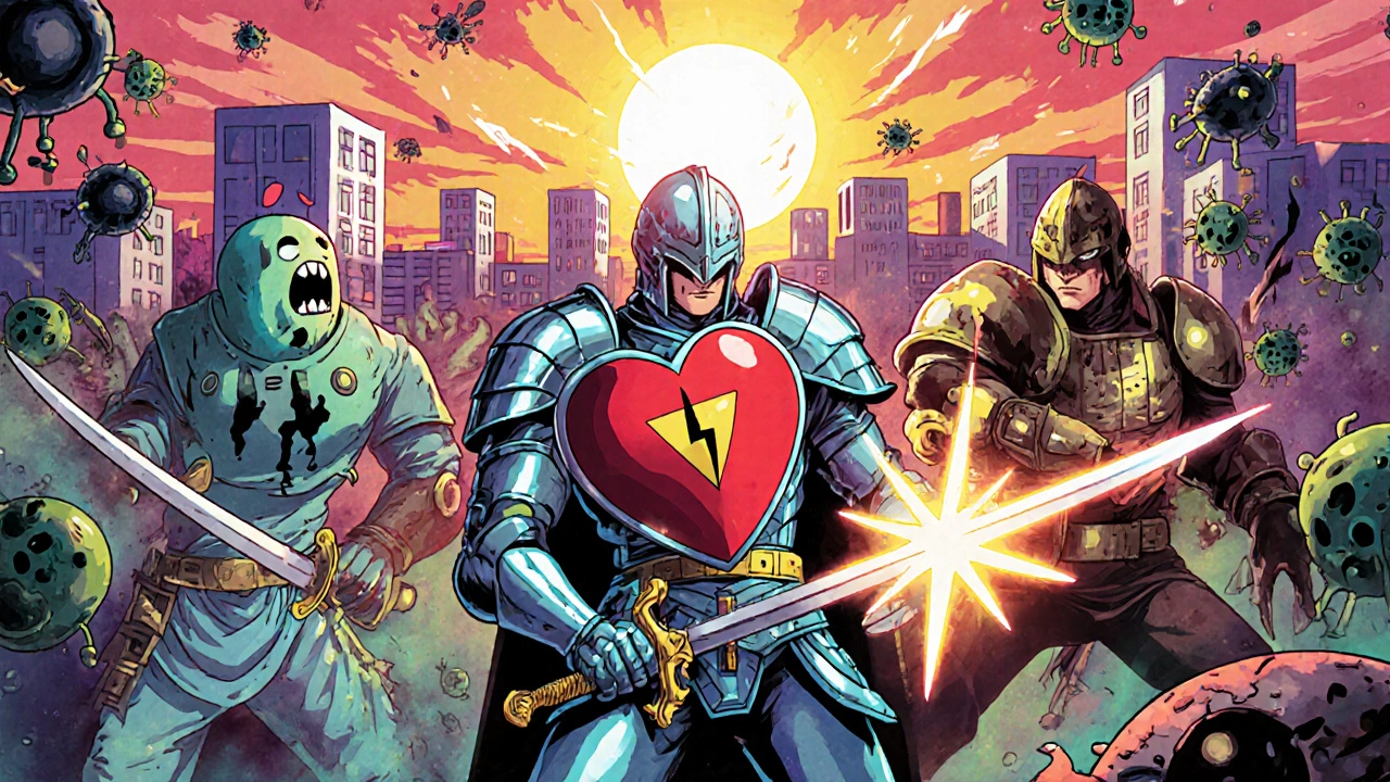 Personified antibiotics battling microbes in a dramatic anime-style medical battlefield.