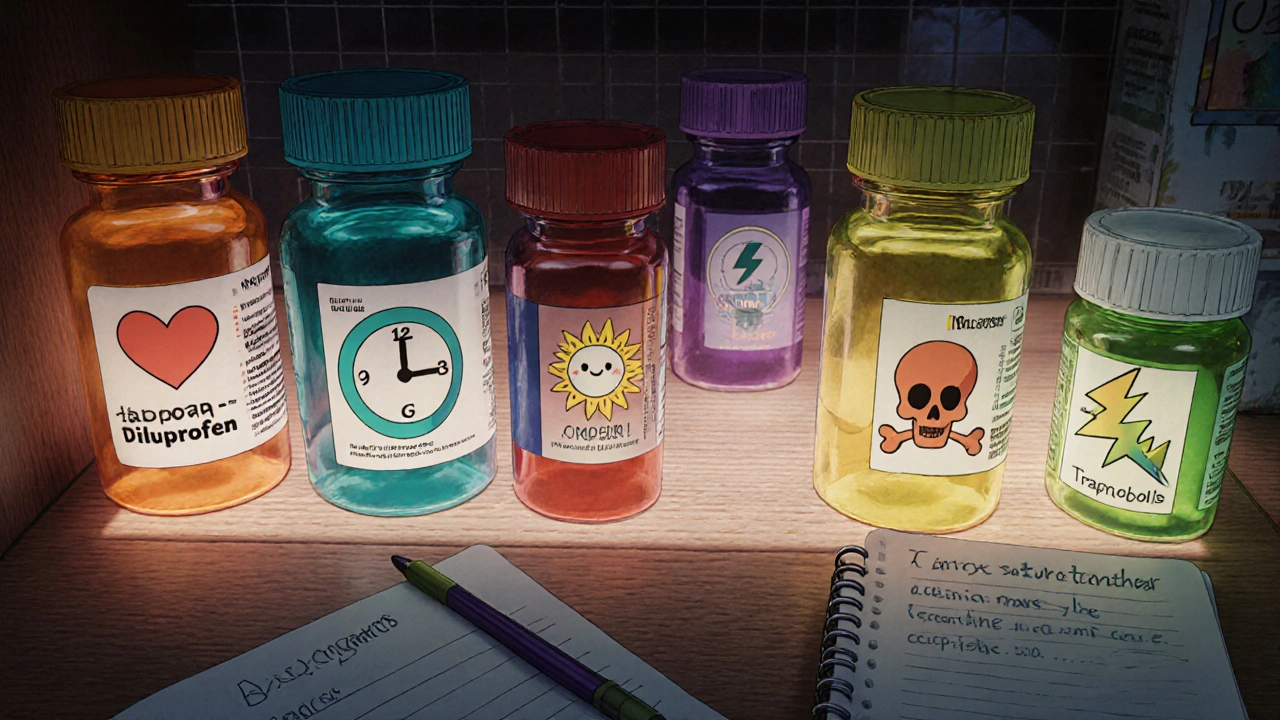 Shelf displaying various pain reliever bottles (Ibuprofen, Naproxen, etc.) in retro anime style.