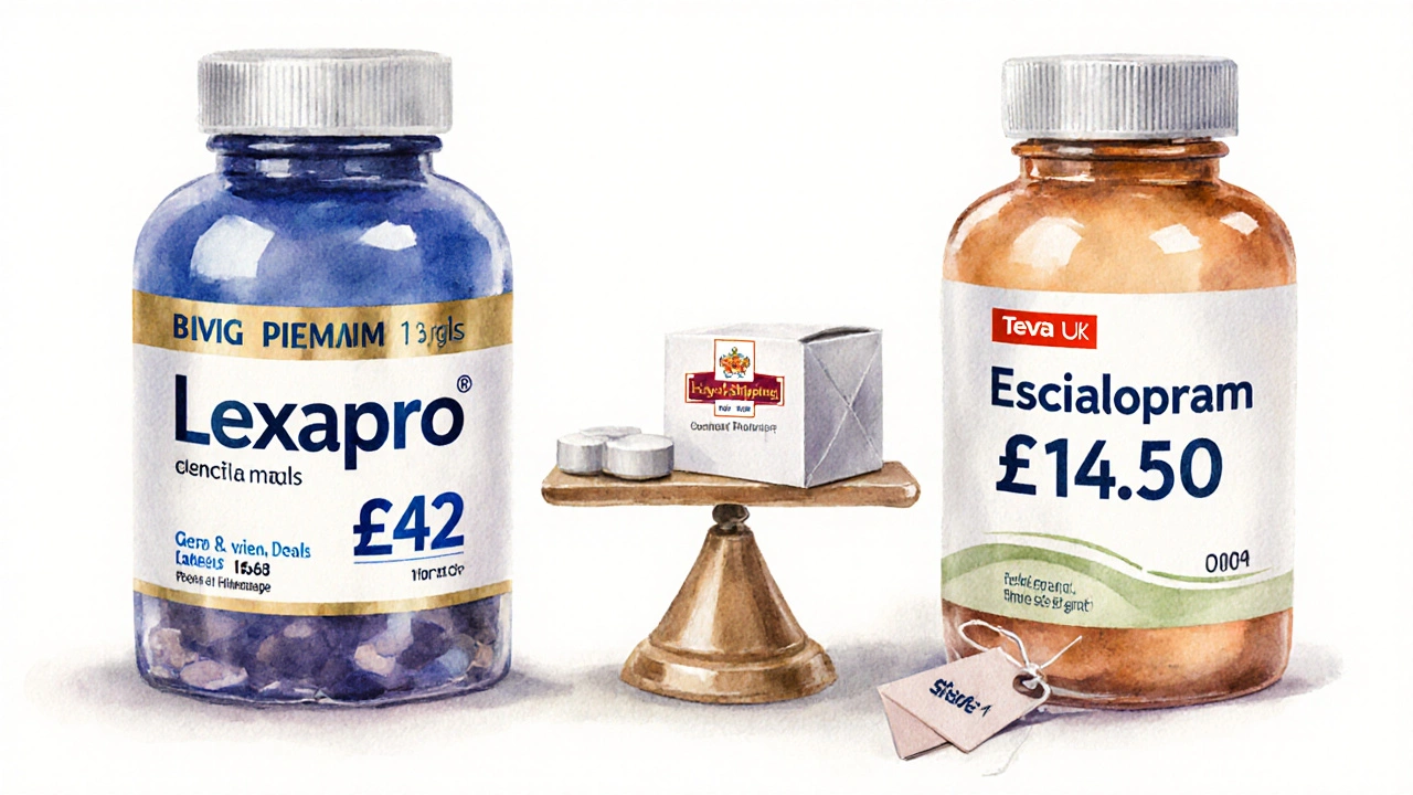 Side‑by‑side watercolor of brand and generic Lexapro bottles with price tags and a shipping parcel.
