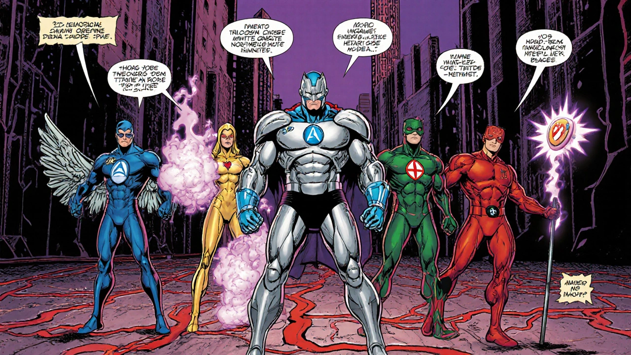 Six drug‑hero characters lined up on a coronary‑artery map, each showing a distinct costume.