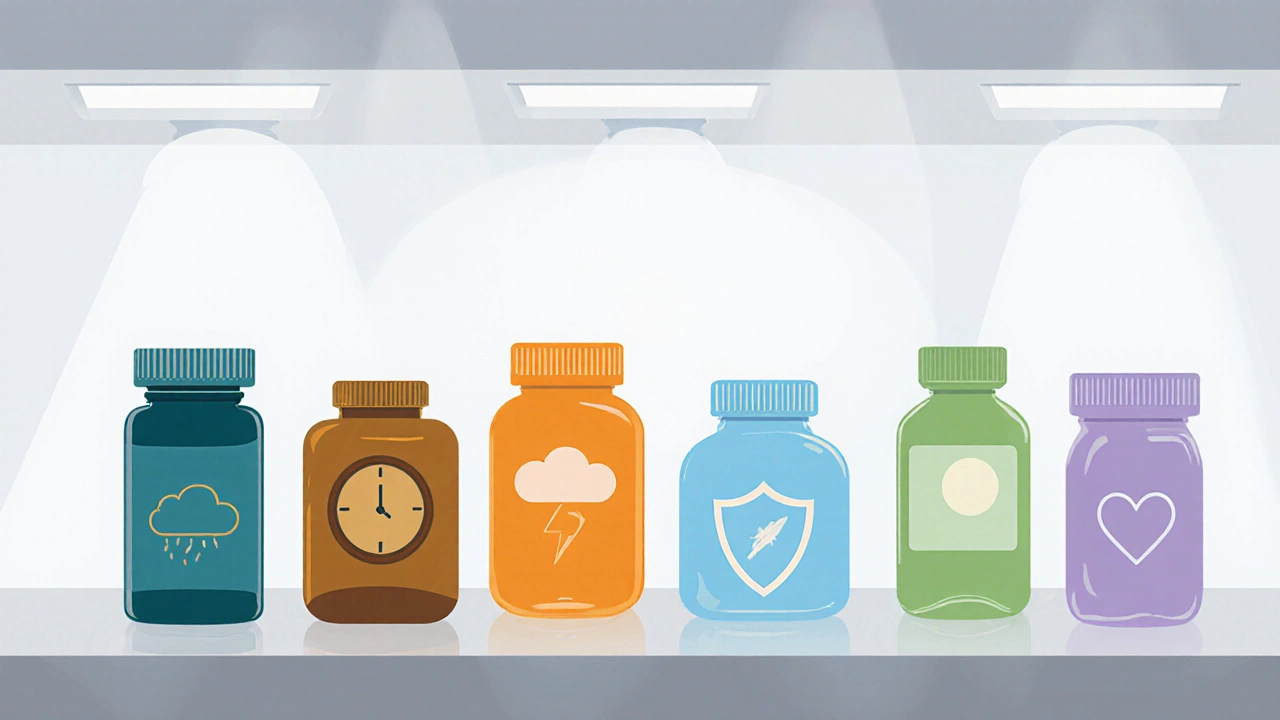Six pill bottles on a pharmacy counter, each with distinct colors and icons hinting at NSAID traits.