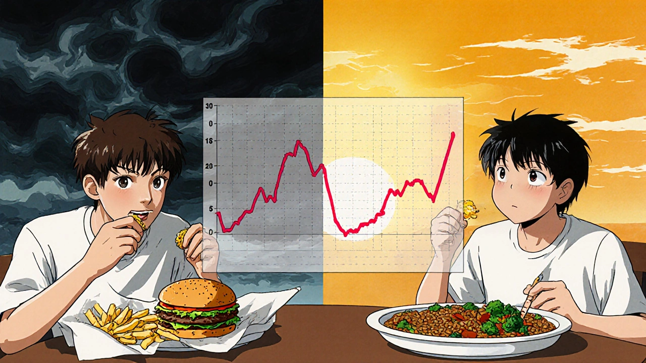 Split scene: unhealthy meal with stormy clouds vs. healthy meal under golden sunset.