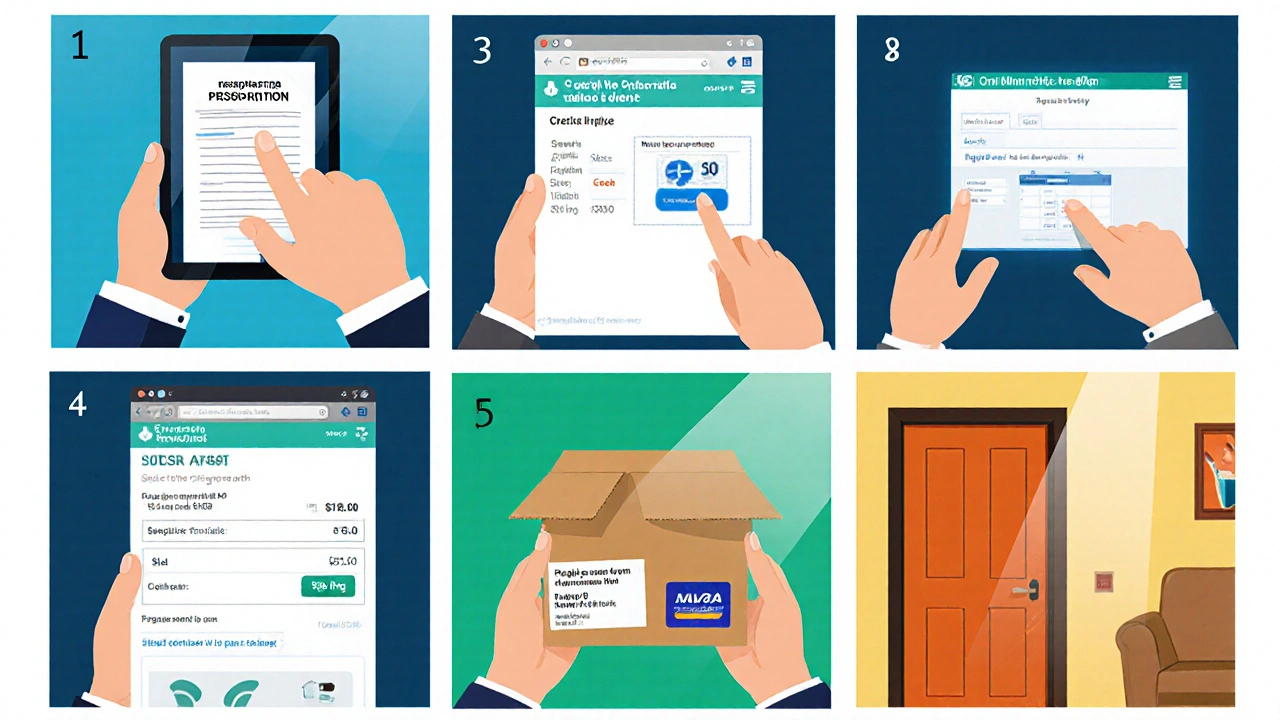 Storyboard showing steps from getting a prescription to receiving atenolol tablets.