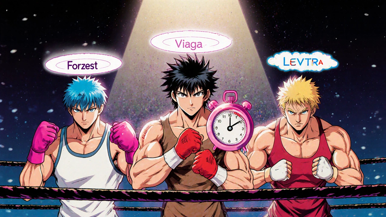 Stylized ED medication characters in training ring with time and food icons