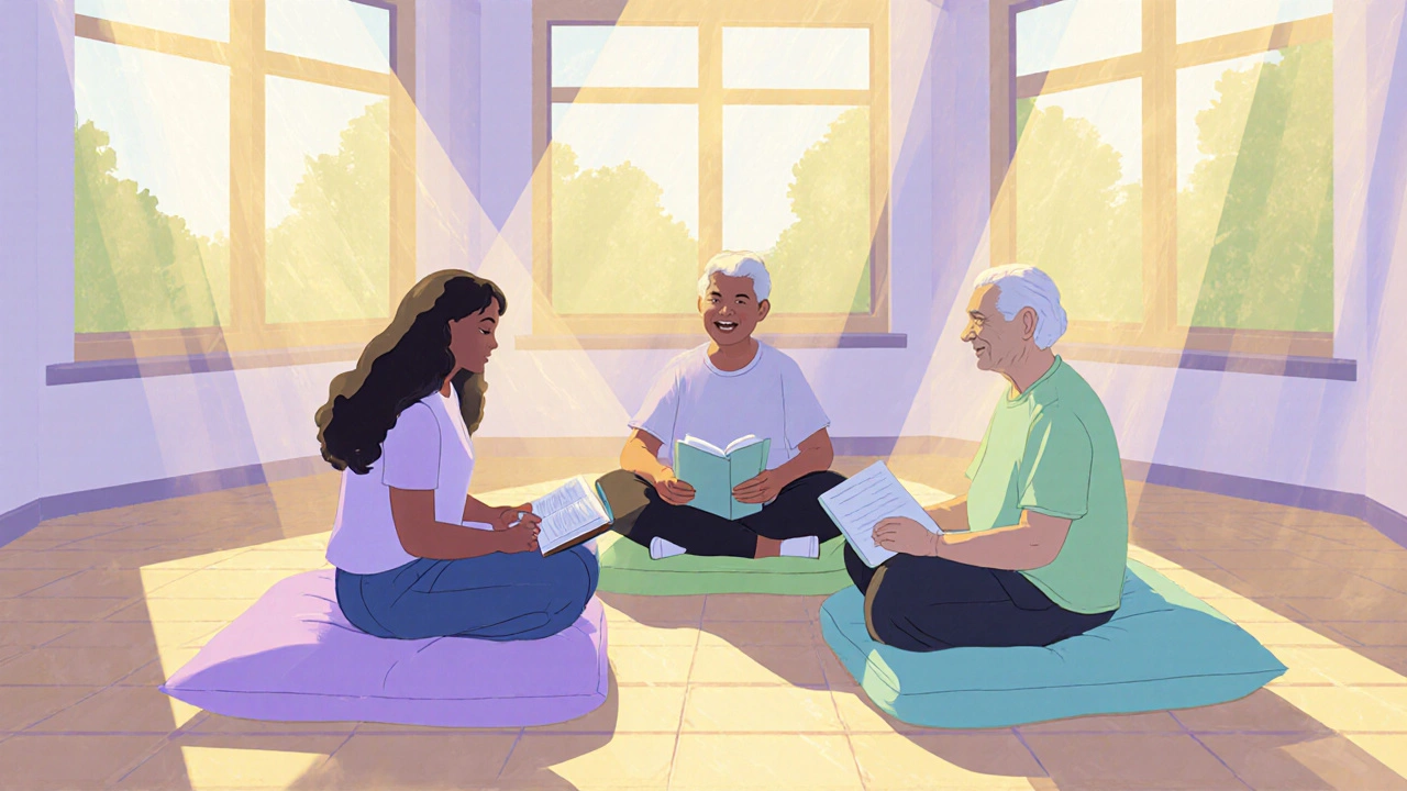 Support group members sitting in a circle, journaling together in a sunny community room.