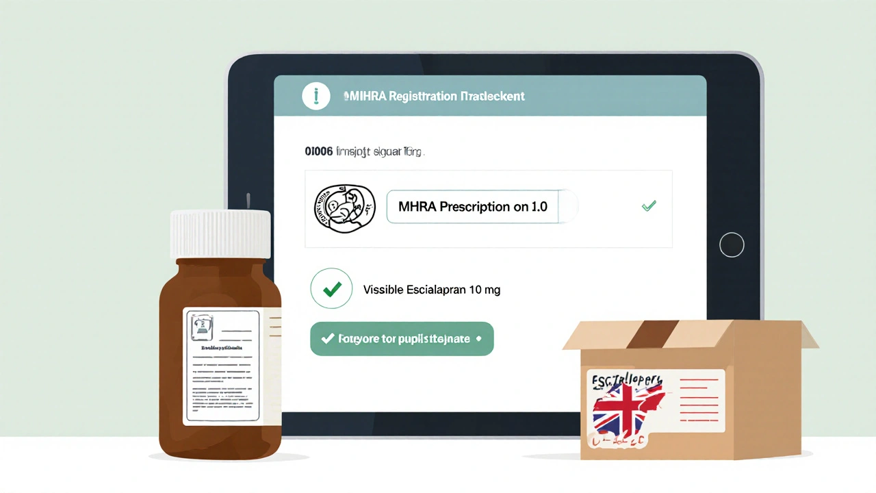 Tablet showing verified pharmacy page with prescription upload, next to a generic escitalopram bottle.