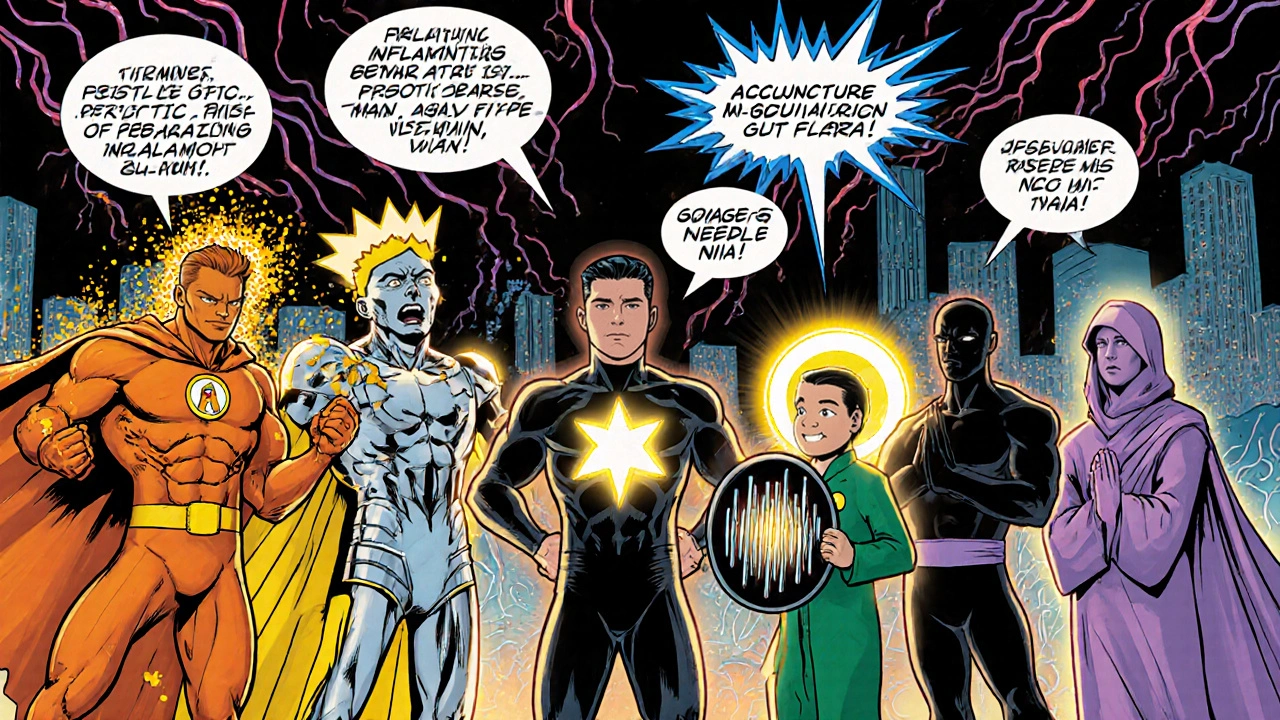 Team of natural‑therapy superheroes supports a patient wearing an azathioprine emblem.