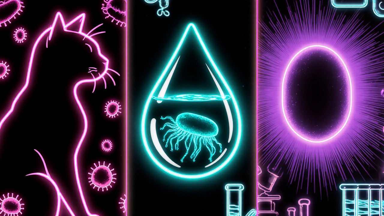 Three parasite illustrations: Toxoplasma gondii near a cat, Giardia lamblia in water, and Blastocystis hominis, in retro anime style.