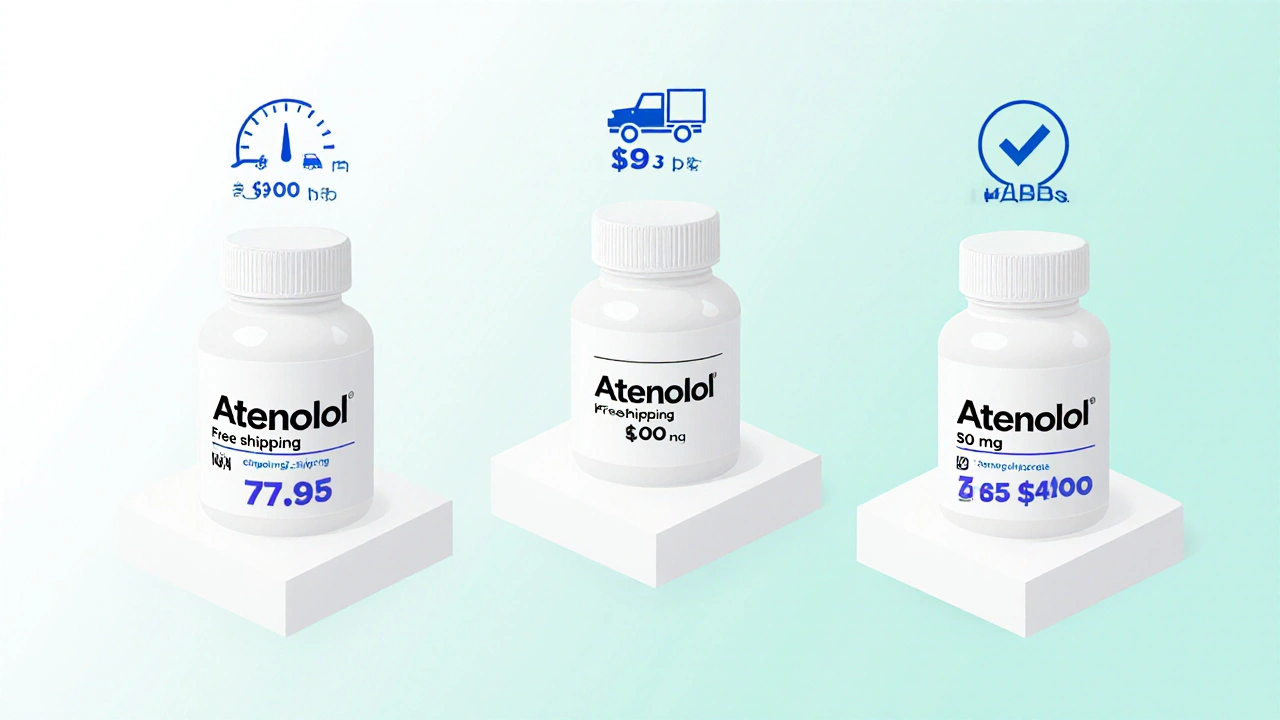 Three pill bottles with price tags showing different costs and shipping options.