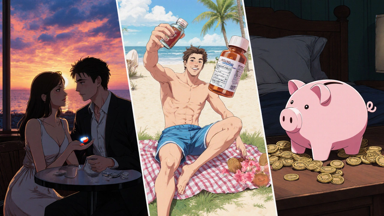 Three scenes showing date night, beach weekend, and budget options with pills.