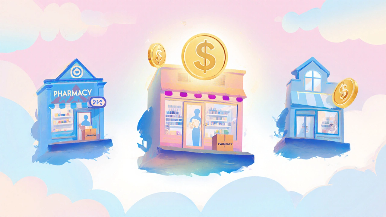 Three stylized online pharmacy storefronts with delivery boxes and coin price tags.