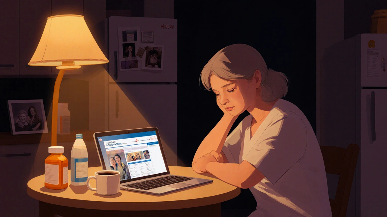 Tired caregiver at kitchen table late at night surrounded by medication bottles and a coffee mug.