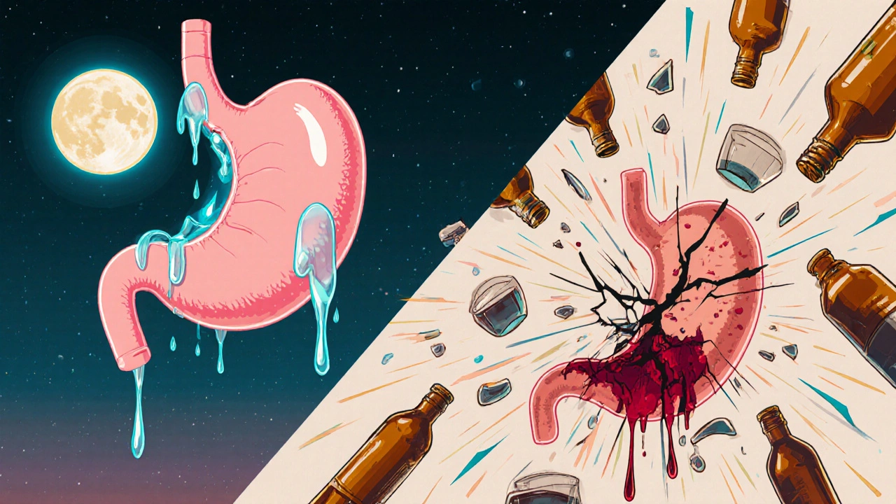 Two parallel stomachs: one healed under moonlight, the other bleeding under a storm of alcohol bottles.