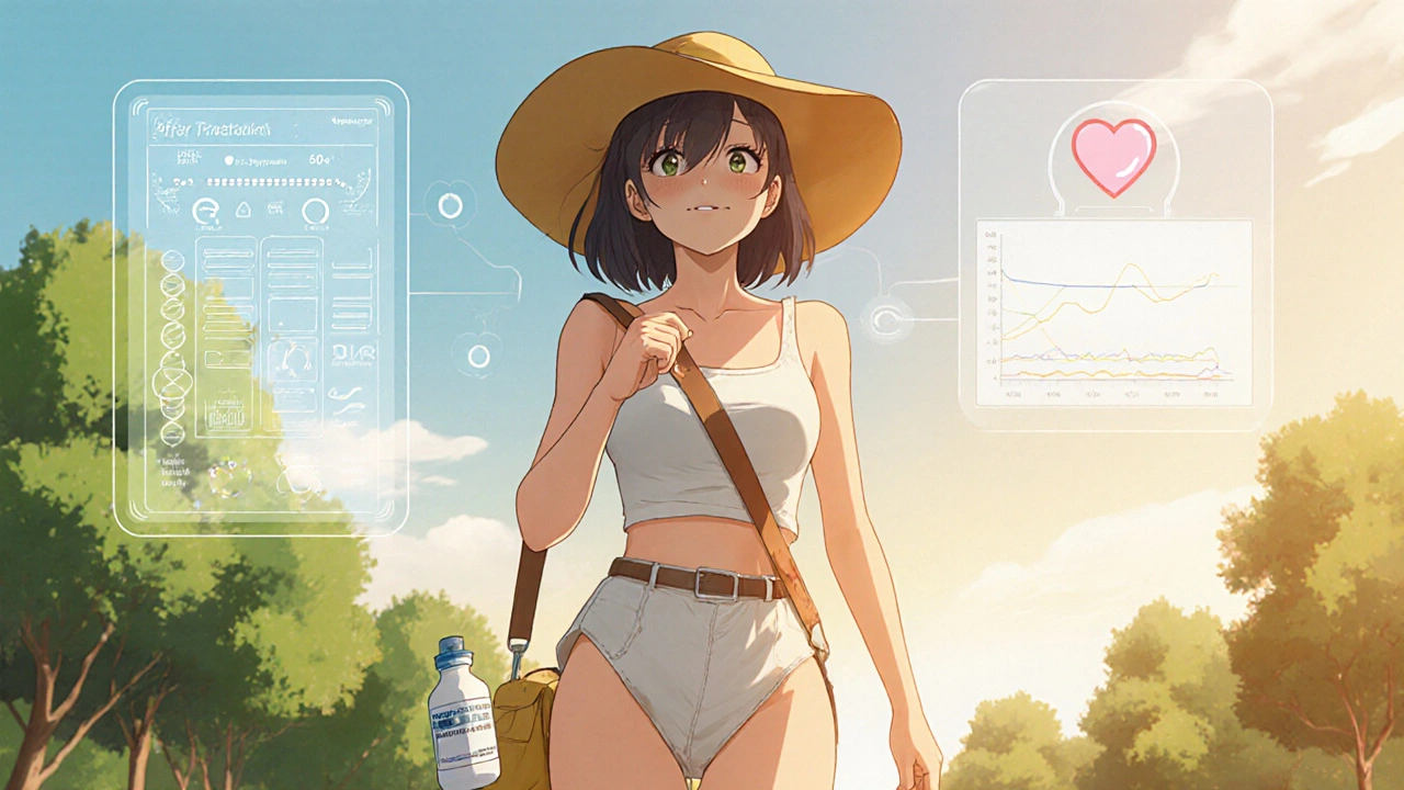 Woman walking in a sunny park applying sunscreen and holding medication, with subtle health icons nearby.