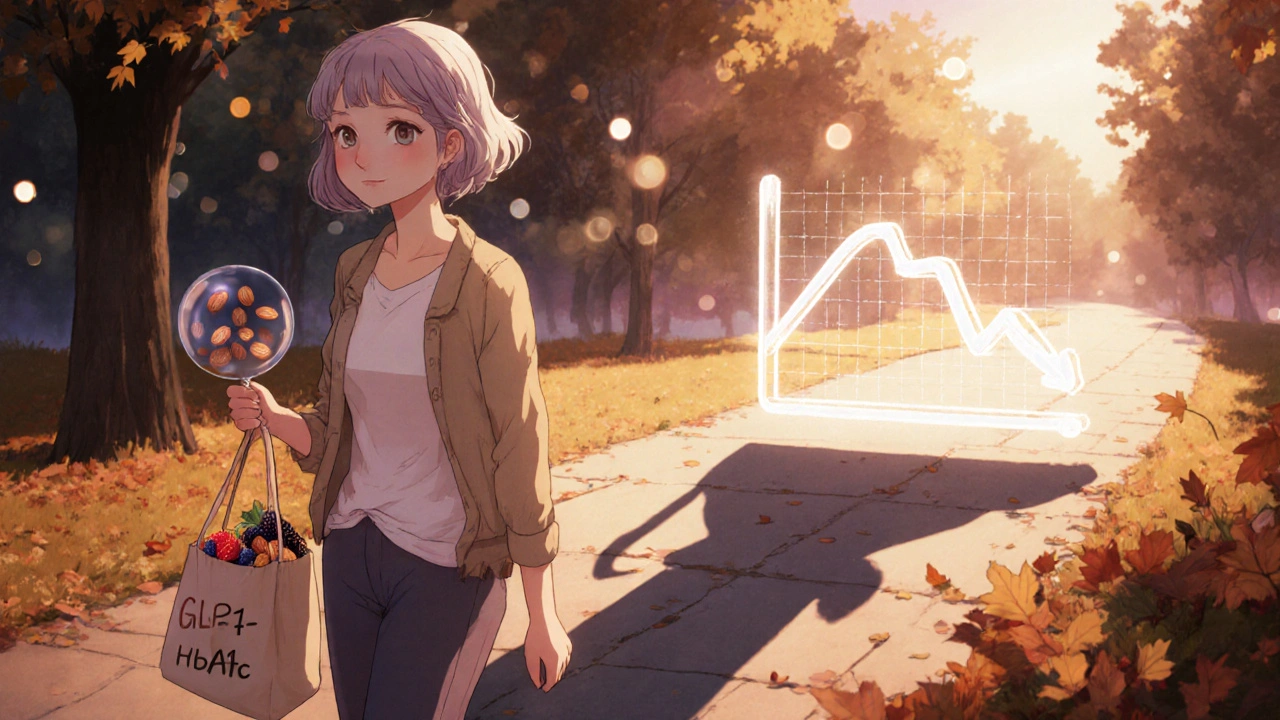 Woman walking in park with glowing hormone molecule and HbA1c graph shadow.