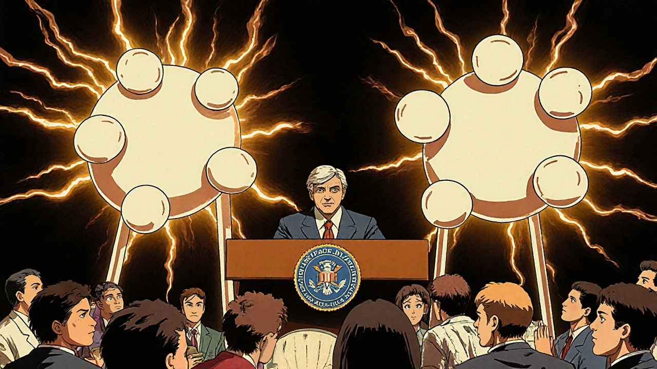 A biosimilar molecule debating its similarity to a biologic in a futuristic FDA hearing.